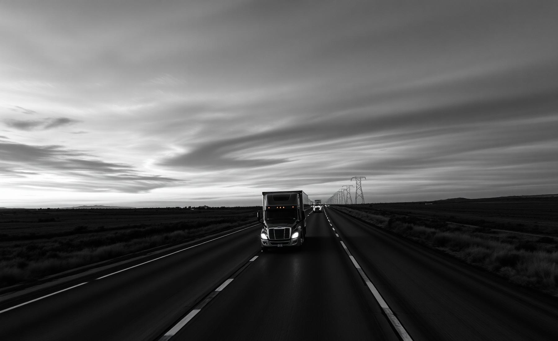A distribution truck driving across the United States at dusk